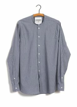 HANSEN GARMENTS ANTE | Collarless Shirt | Small Blue Stripes