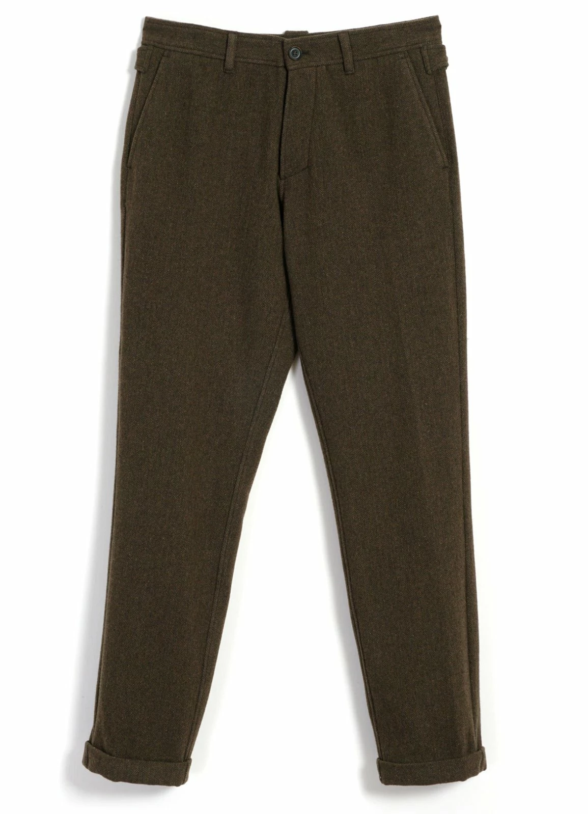 HANSEN GARMENTS FINN | Side Buckle Regular Trousers | Brown Herringbone